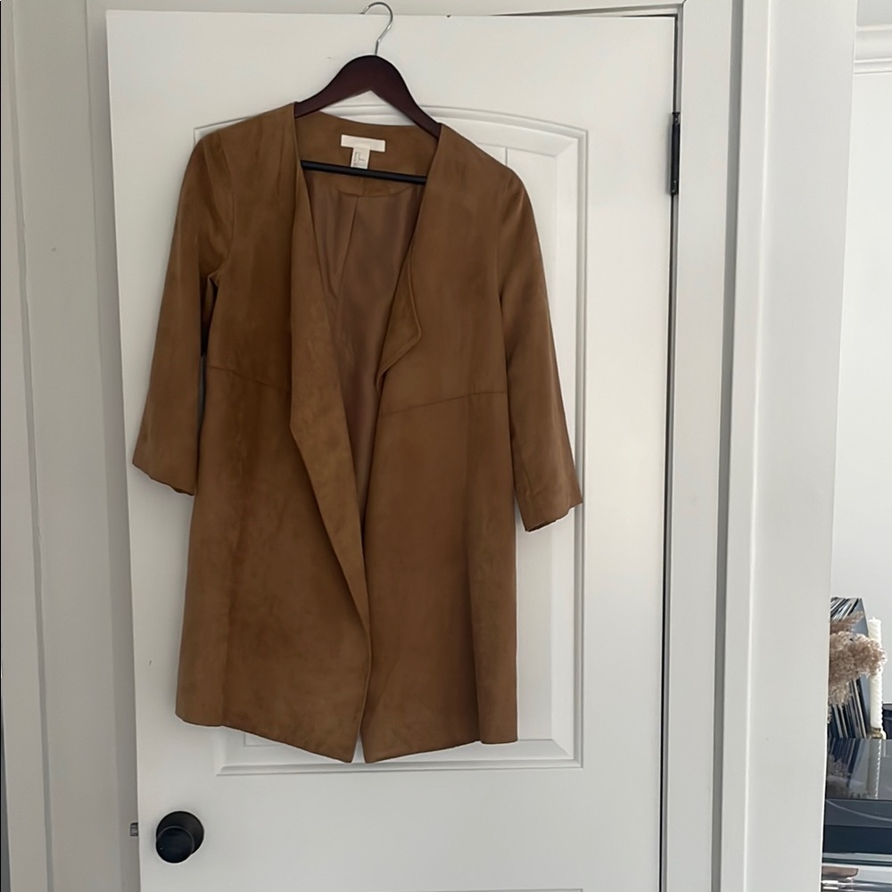 Tan Blazer with Relaxed Shawl Collar and Textured Fabric